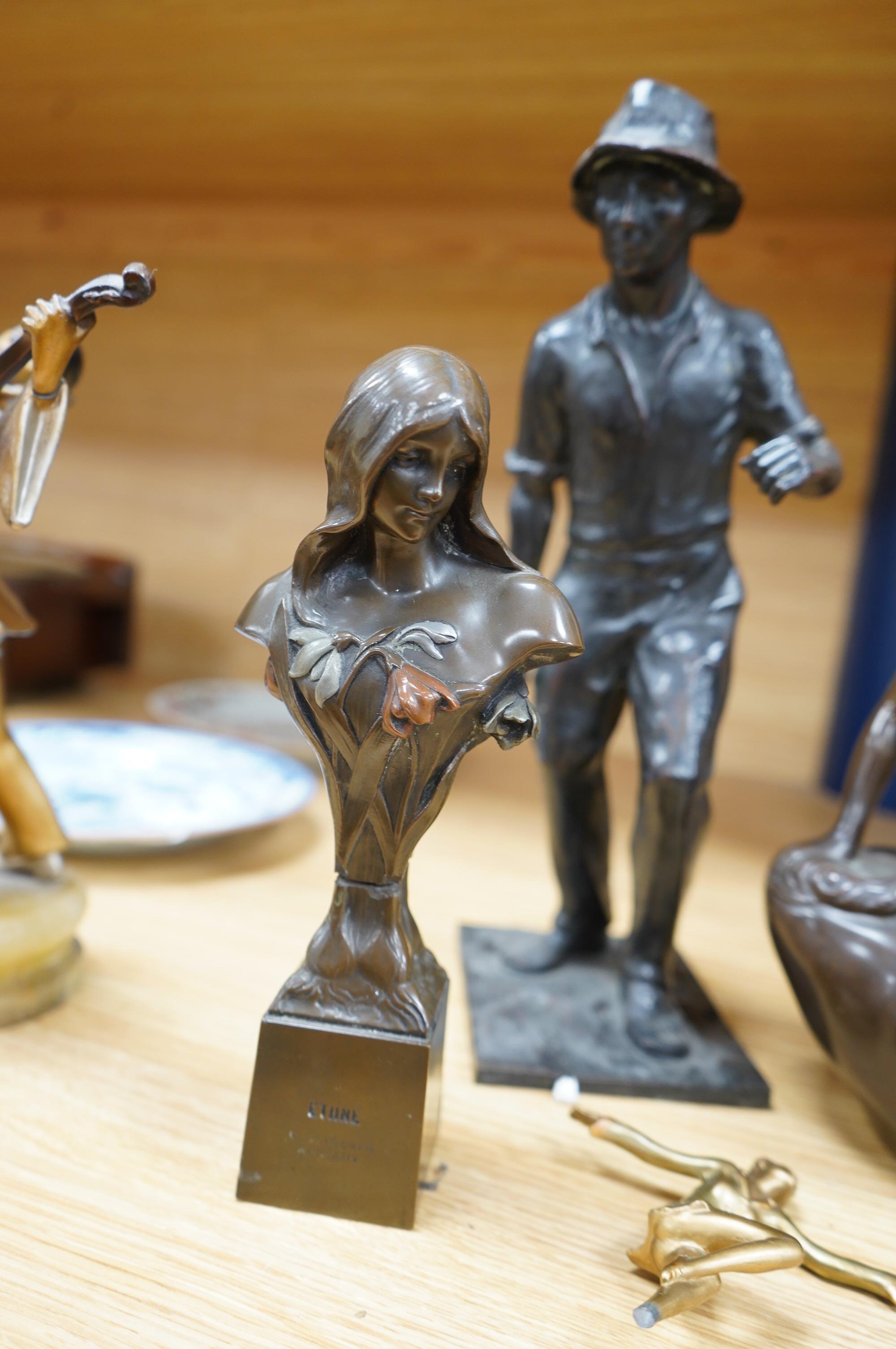 Five figural metal sculptures: a Copenhagen sculpture, signed Edvard Eriksen R.A, an Art Nouveau style bronze of a female figure stamped and dated, an enamelled figure of a musical Pierrot, another of a male figure and a